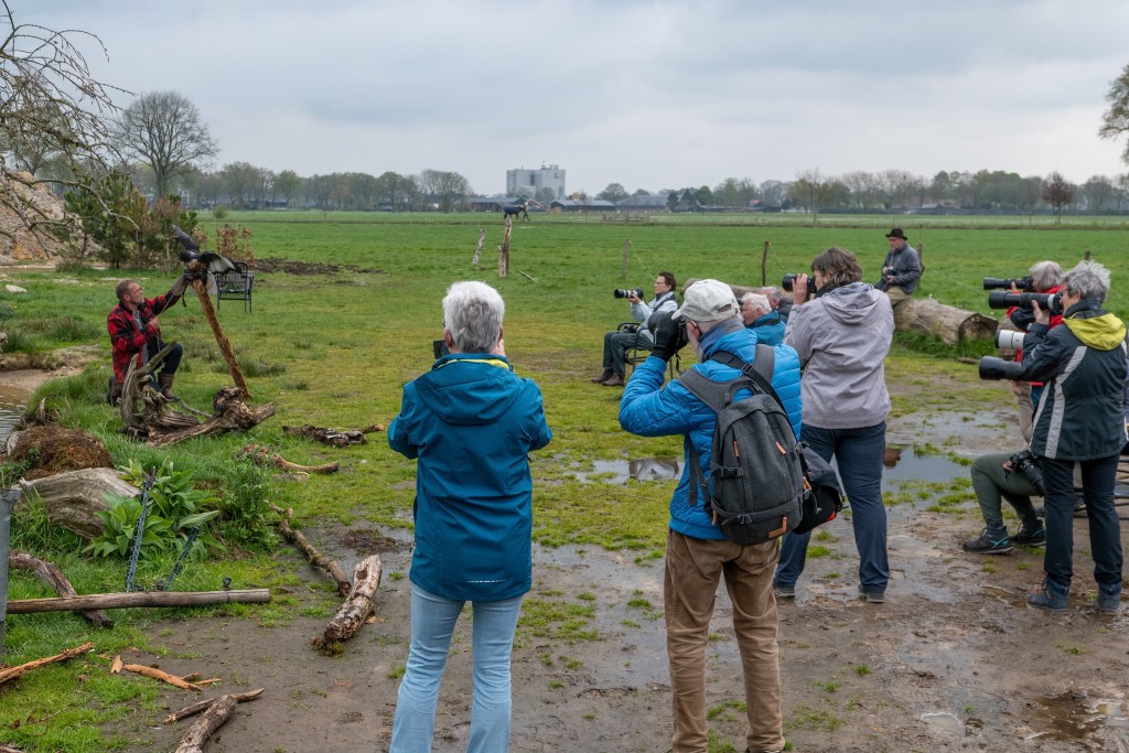 Leden van De Zelfontspanners tijdens een excursie, in actie bij een roofvogeldemonstratie.